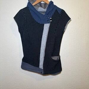 Looptworks Women M Vest Wool Blend Hooded Fleece Lined Button Abstract Lagenlook